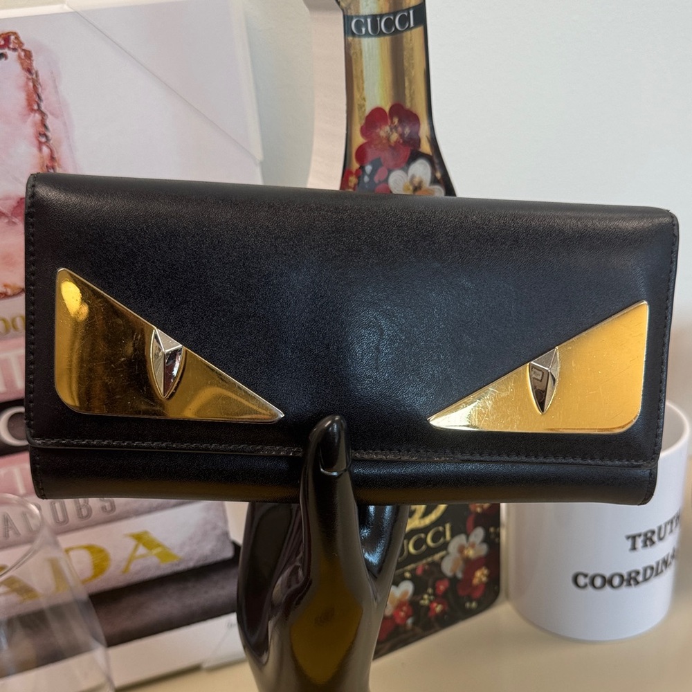 Fendi Black Leather Wallet with Gold Eye Accents